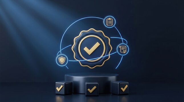 Golden approval seal with checkmark symbol floating above dark blue podium with glowing elements