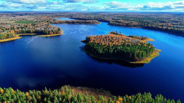 Aerial view of a serene lake surrounded by colorful autumn foliage and dense forest