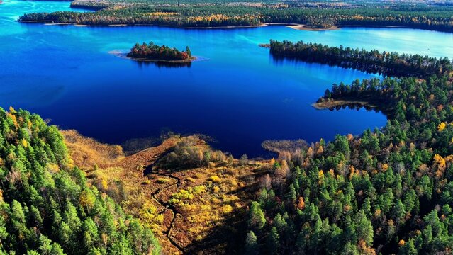 Aerial view of vibrant autumn foliage surrounding a tranquil lake with multiple islands