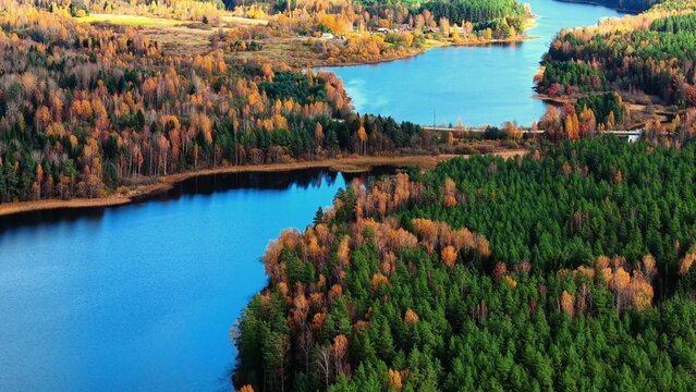 Colorful autumn trees reflecting in calm river waters with vibrant blue and green hues