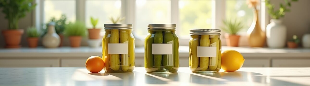 Three jars of pickles and an orange sit on a counter