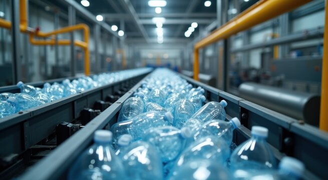 Many bottles of water on a conveyor belt
