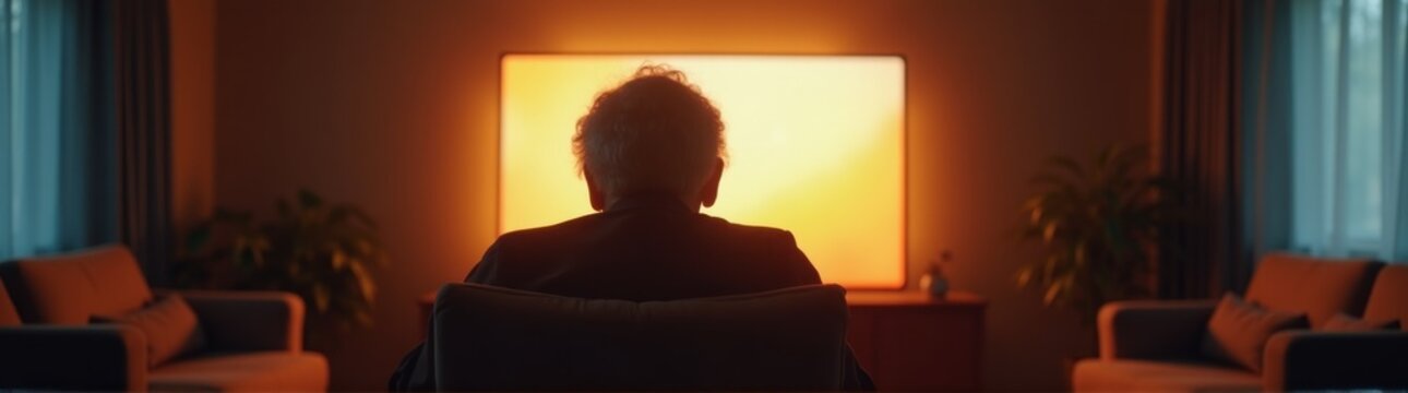Elderly man sitting in a chair in front of a television