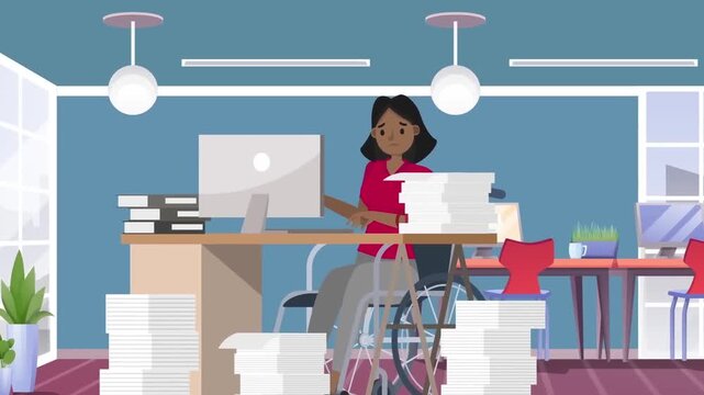 Stressed disabled woman in wheelchair working at office desk surrounded by large piles of papers