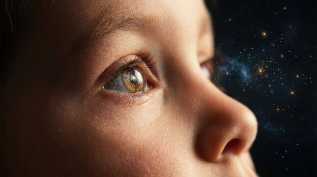 Curious young child gazing with wonder into glowing starry universe reflected directly in wide eyes