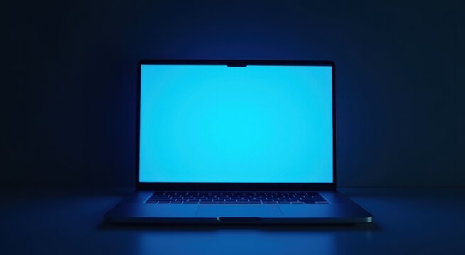Laptop with a blue screen sitting on a table