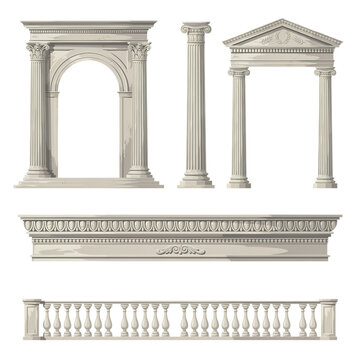 Neoclassical architectural elements including a triumphal arch column and balustrade isolated on transparent background