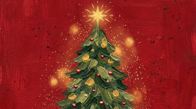 Painted christmas tree featuring vibrant green branches and glowing golden star against textured red background