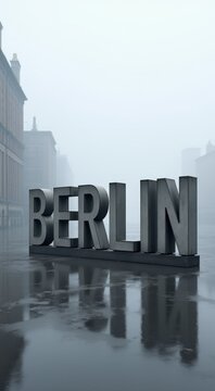 Sign in front of a city berlin with a foggy sky