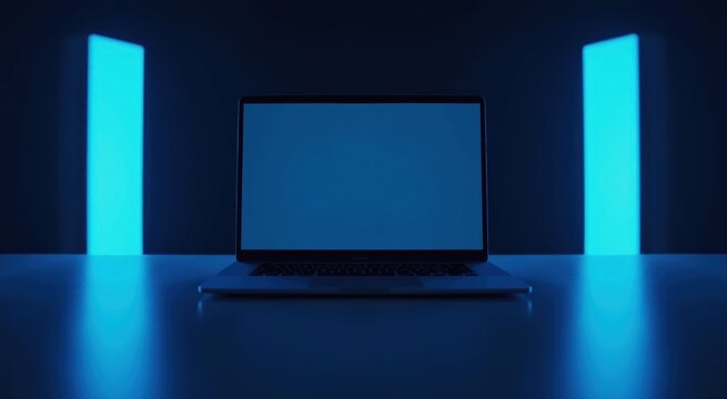 Laptop computer sitting on a table with blue lights
