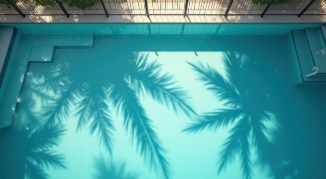 Shadows of palm trees cast on a pool in a backyard