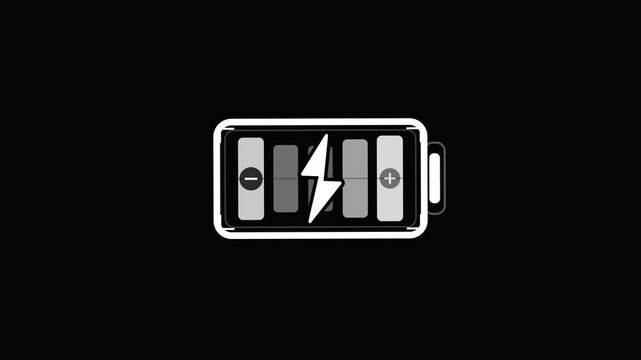 Minimalist battery charging icon with lightning bolt symbol and plus minus indicators on a black background, representing energy power level, electrical storage, and electronic device status.