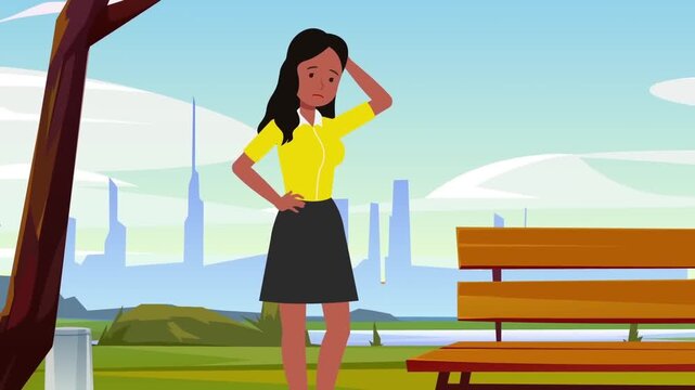 Confused woman standing in park scratching her head with worried facial expression in bright daylight