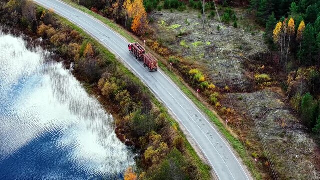 Aerial view of red logging truck transporting timber logs on autumn lakeside winding road