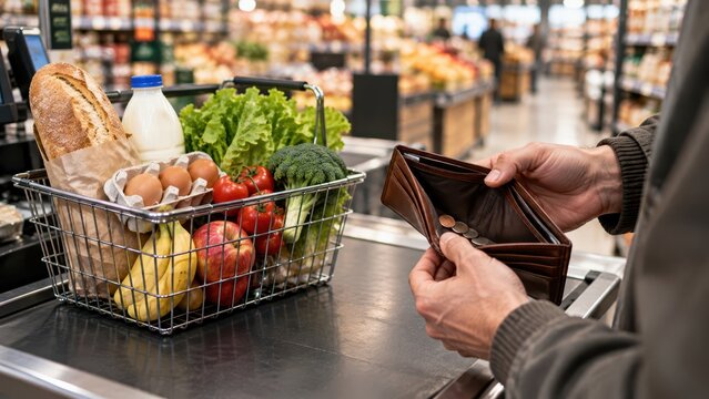Empty Wallet with Few Coins Beside Full Grocery Basket at Supermarket Checkout Illustrating Rising Food Prices