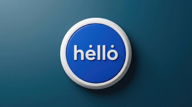 Glossy round blue push button featuring white hello text against dark teal background