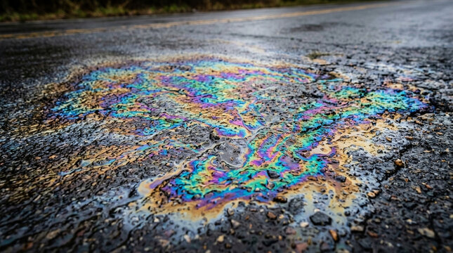Iridescent Oil Spill on Wet Asphalt Road