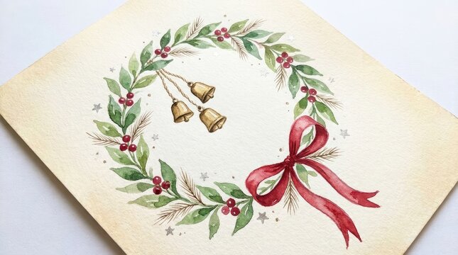 Festive watercolor christmas wreath illustration featuring red berries and golden bells on textured paper