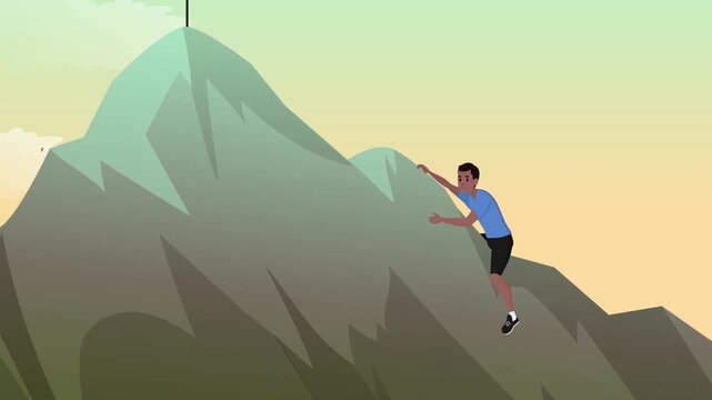 Determined young man climbing steep rocky mountain peak during outdoor adventure and active lifestyle sport