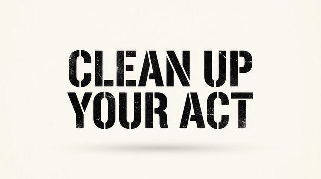 Bold black stencil typography displaying motivational message clean up your act on beige background