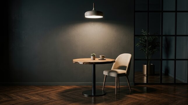 Modern dining table and elegant chair illuminated by warm pendant light in dark interior space