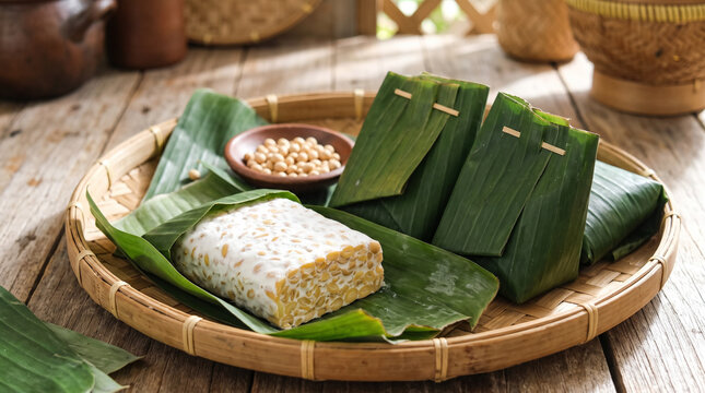 Tempeh fermented in banana leaves.