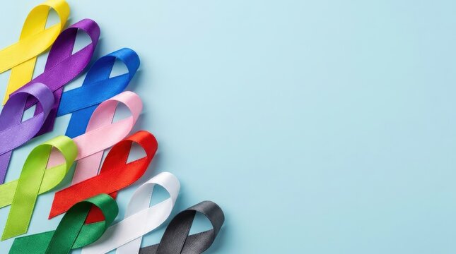 Vibrant multicolored awareness ribbons arranged neatly along left side against light blue background surface