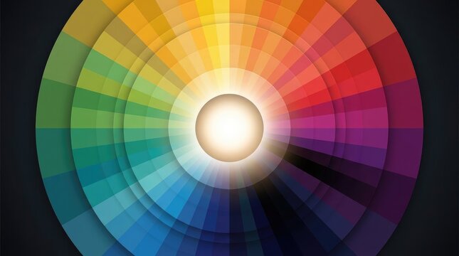 Vibrant multicolored color wheel gradient background featuring concentric circular layers with glowing central bright light