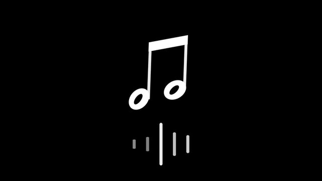Minimalist white music note icon with digital sound wave equalizer bars isolated on a solid black background for audio players, music streaming applications, or podcasting motion graphics.