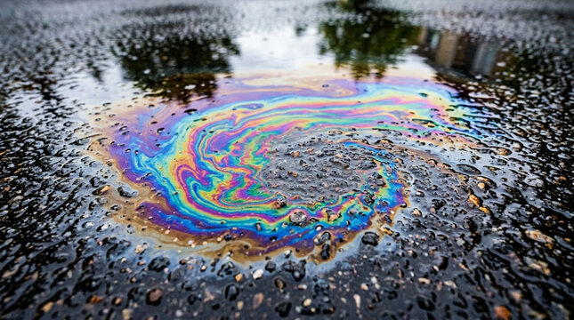 Iridescent Oil Spill Swirl on Wet Asphalt Road Surface