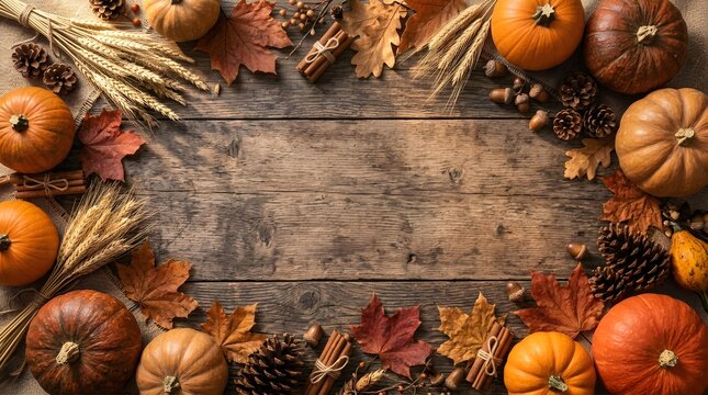 Autumn harvest composition with pumpkins, wheat, cinnamon sticks, and fall leaves on rustic wooden background, top view with copy space