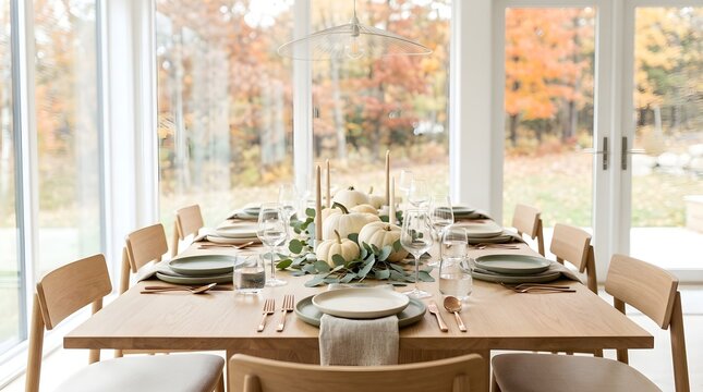 Elegant dining table set for a fall dinner party with white pumpkins, eucalyptus greenery, and modern tableware in a bright, sunlit room with autumn foliage visible through large windows