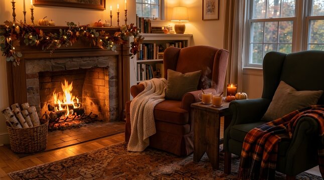 Cozy autumn living room interior with a warm fireplace, comfortable armchairs, soft blankets, steaming mugs, and fall decorations, creating a peaceful and inviting atmosphere for relaxation