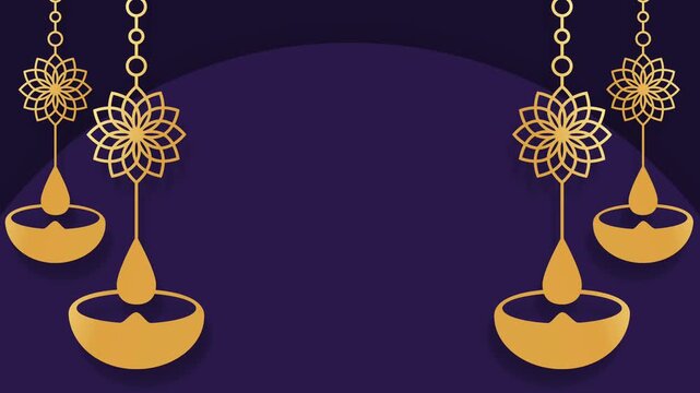 Happy Diwali Festival Greeting Background with Golden Hanging Diya Lamps and Mandala Ornaments.