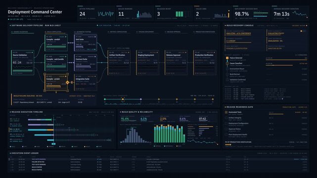 Enterprise DevOps deployment dashboard animation tracking release stages, failed build recovery, and pipeline status in a dark technical interface with cyan and amber highlights.