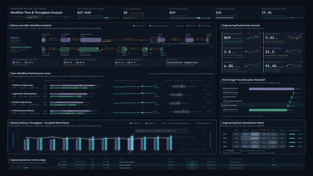 Premium dark-mode engineering analytics dashboard animation comparing developer time savings, workflow automation, and delivery throughput for enterprise software teams.