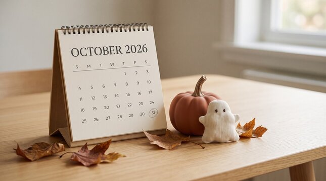 A peaceful Halloween 2026desk scene with a clean calendar displaying the clearly readable year &ldquo;2026&rdquo;, a small matte pumpkin