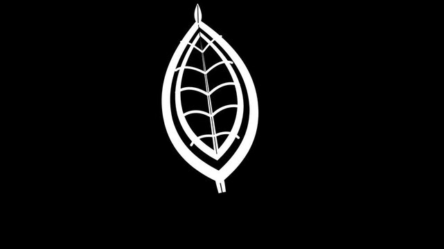 White stylized leaf illustration with symmetrical vein patterns isolated on a black background, minimalist botanical graphic element for motion design and video editing projects