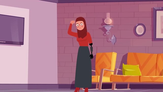 Sad Muslim woman with prosthetic arm standing in living room and scratching her head