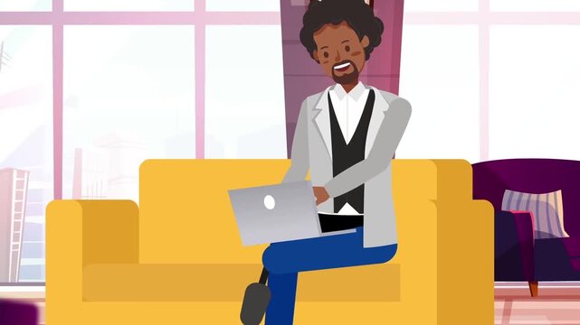 Animated smiling man with prosthetic leg working on laptop computer while sitting on yellow couch indoors