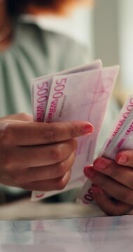 Hands, woman and counting in office with cash, embezzlement and money laundering for corruption. Person, misconduct and stealing in workplace with euro banknote, illegal income and kickback scheme