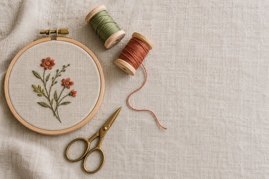 Floral embroidery hoop with cotton thread and scissors on linen