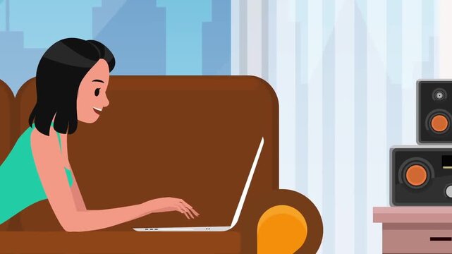 Smiling young woman typing on laptop while relaxing on comfortable brown sofa in cozy living room interior