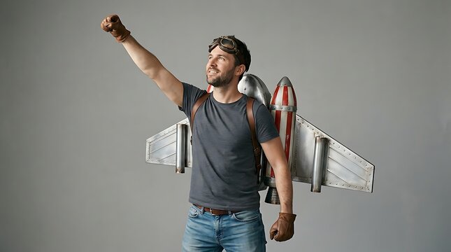Man in his 30s wearing a retro jetpack and goggles, raising fist in triumph