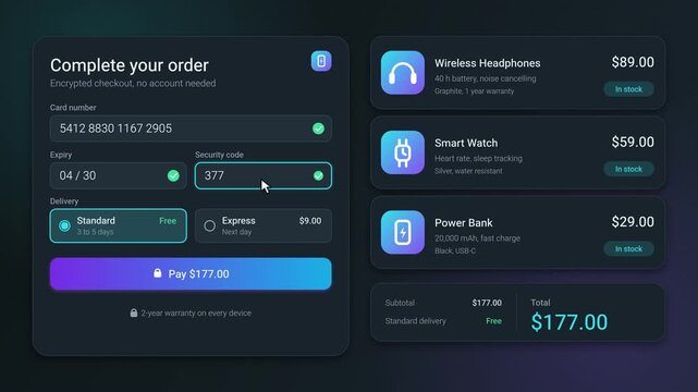 Animated Ecommerce Checkout and Secure Payment Confirmation for Consumer Electronics