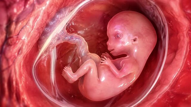 Human fetus at approximately 10-12 weeks of gestation, 3D animation. Early fetal development inside the uterus with formed limbs, developing facial features, amniotic sac and umbilical connection.