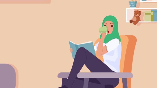 Smiling young woman in hijab sitting comfortably in cozy chair reading book while drinking hot tea