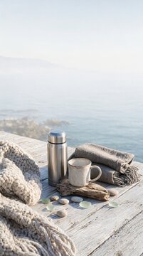 Cozy Minimalist Seaside Winter Getaway Still Life Featuring Chunky Knit Blanket and Thermos