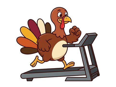 Cartoon turkey running on treadmill for thanksgiving fitness and health concepts