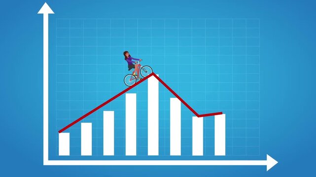 Woman riding a bicycle upward along a financial growth chart line against a blue background
